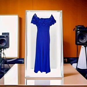 Royal Blue Jumpsuit M Off The Shoulder Lace Overlay Flared Leg Polyester Spandex